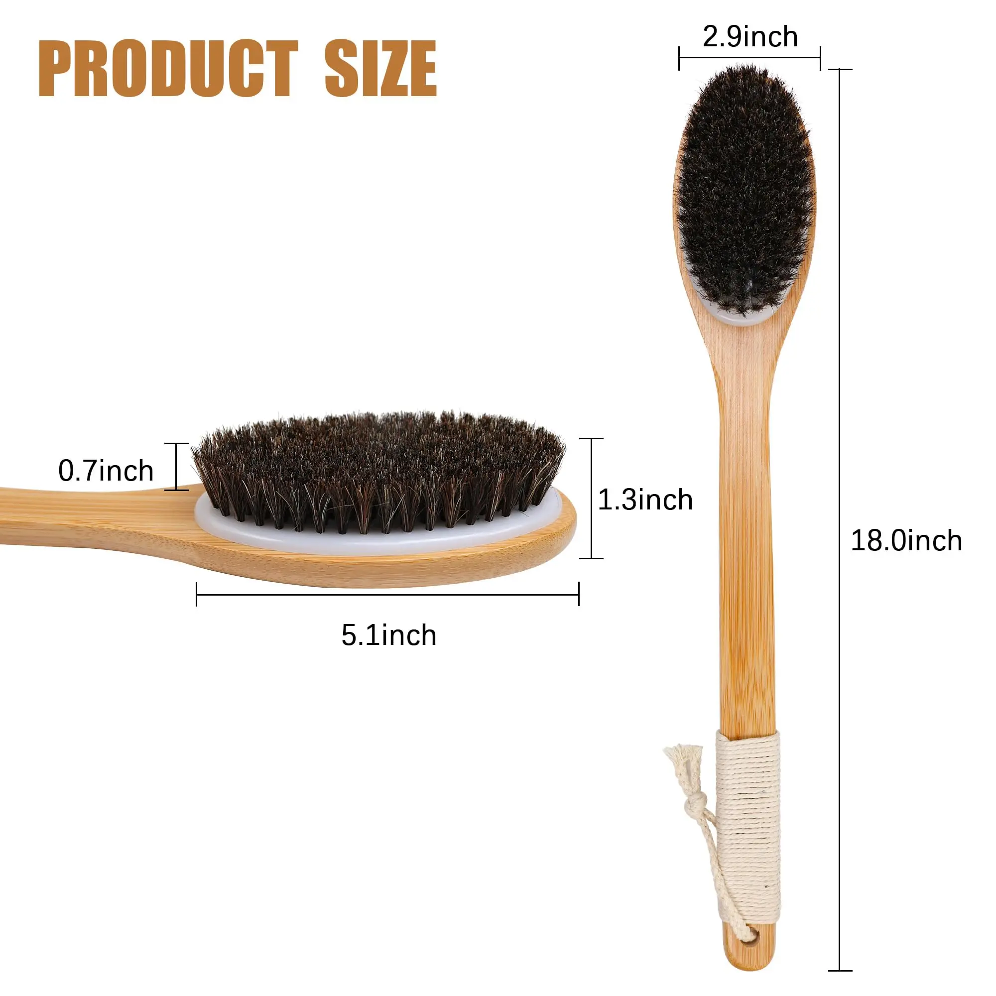 Wholesale Long bamboo curved handle horse hair raw bristle bath brush
