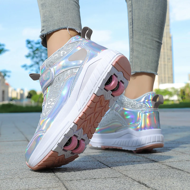 Pu Leather Kids 4 Wheels Roller Skate Shoes Casual Deformation Parkour Sneakers Skates For Rounds Adult Of Running Sport Shoes