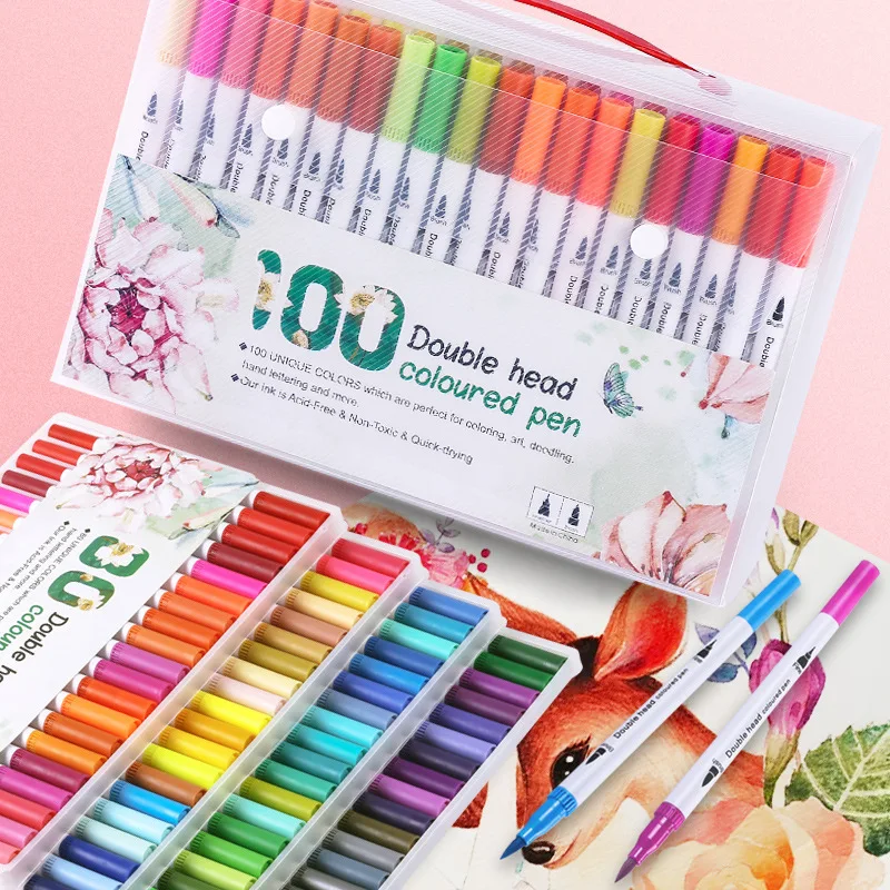 100 Colors/Pack Dual Tip Watercolor Brush Pen with Fineliner Tip 0.4mm Art Markers