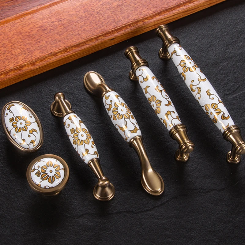 Gold Ceramic Door Handles European Antique Furniture Handles Drawer Pulls Kitchen Cabinet Knobs and Handles CZ-2126