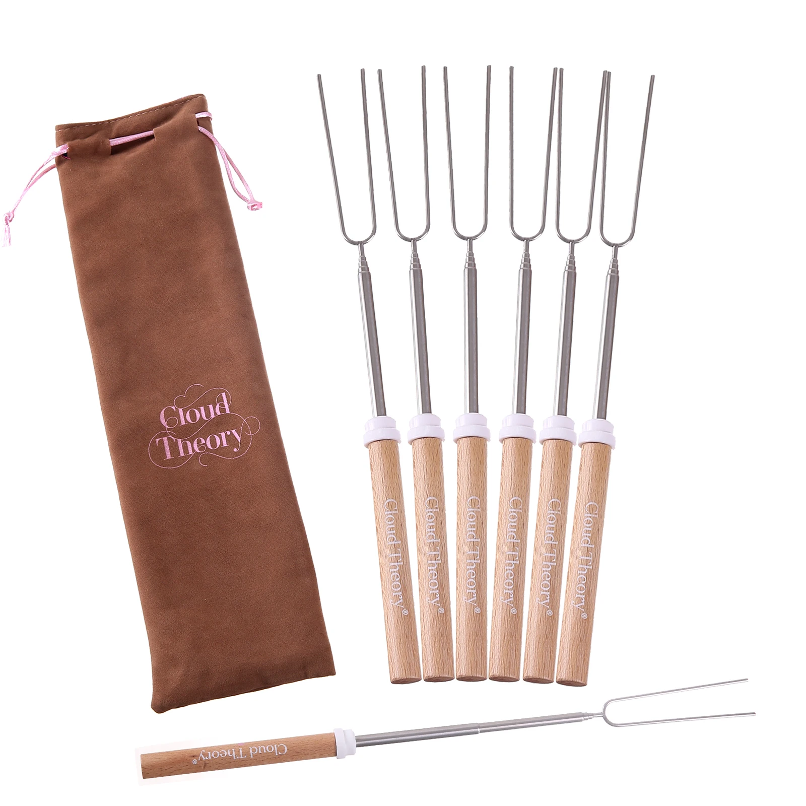 Custom High Quality Beech Wood Handle Marshmallow BBQ Skewers Telescoping Roasting Sticks Stainless Steel BBQ Stick Forks