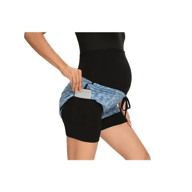 Hot Selling Over Belly Double Layer Maternity Yoga Shorts With Invisible Pockets