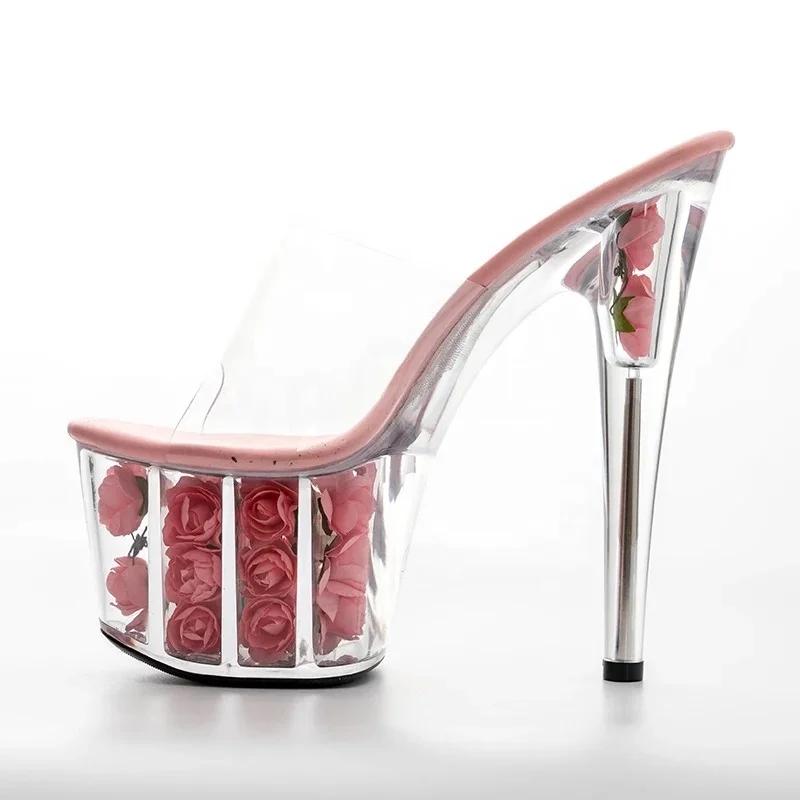 about 7 inch transparent heel slide sandals sexy Rose Crystal Love 17 cm super high heels platform high heels nightclub