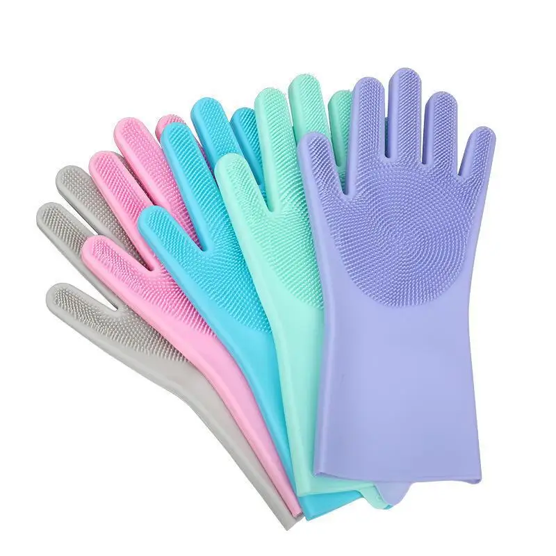 Silicone kitchen dishwashing gloves thickened multi-functional dishwashing brush household cleaning tools non-stick