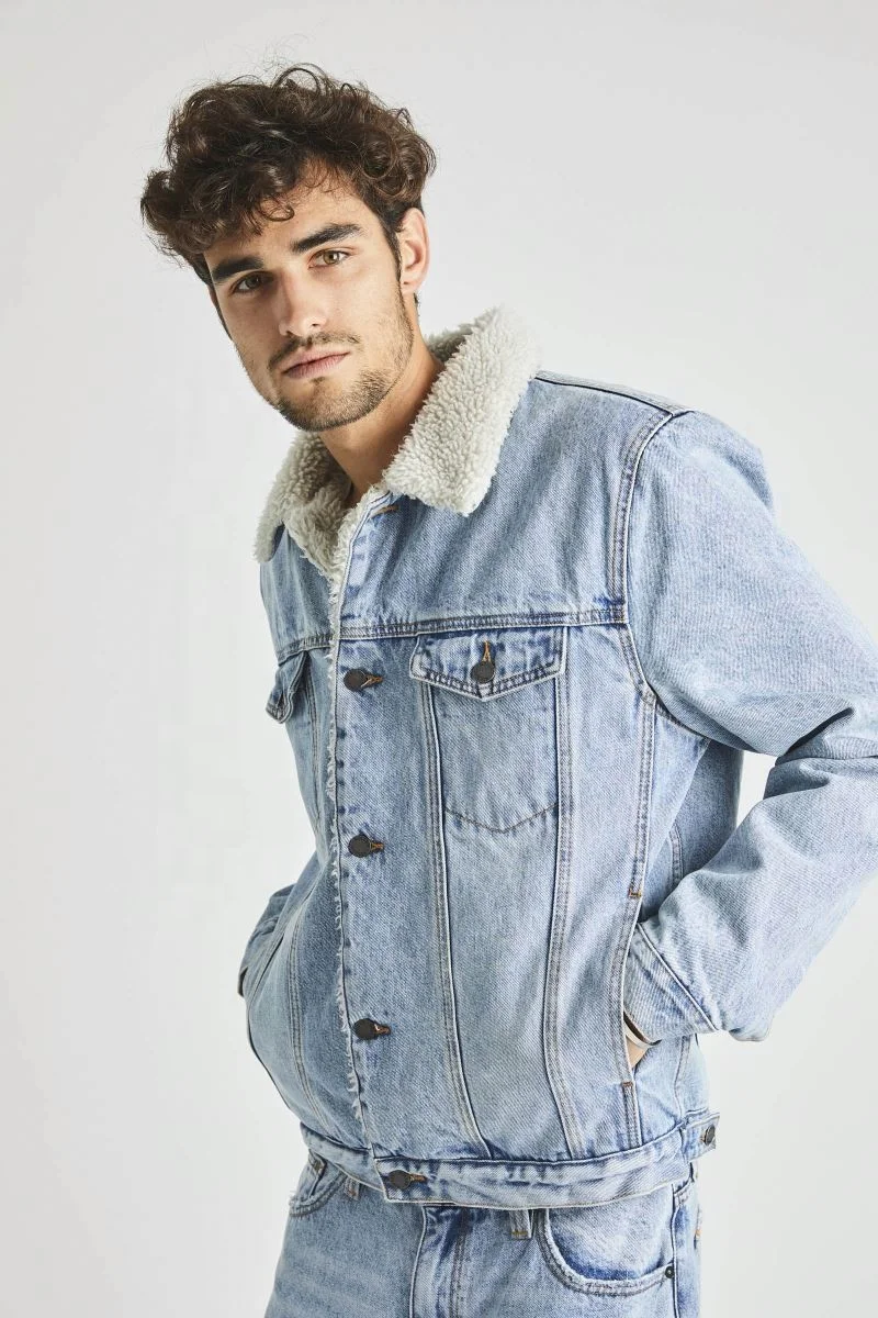 High quality Plain Washed mens sherpa fleece denim jeans jacket