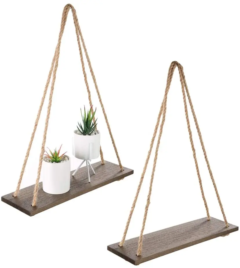 
Wood Rope Hanging Floating Shelves Rustic Wall Decor Swing Shelf with 4 Hooks 