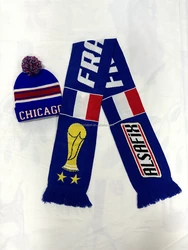 Winter Beanie Hats with  pom pom ball on top and Customized own design trophy star yellow blue Scarf  Set