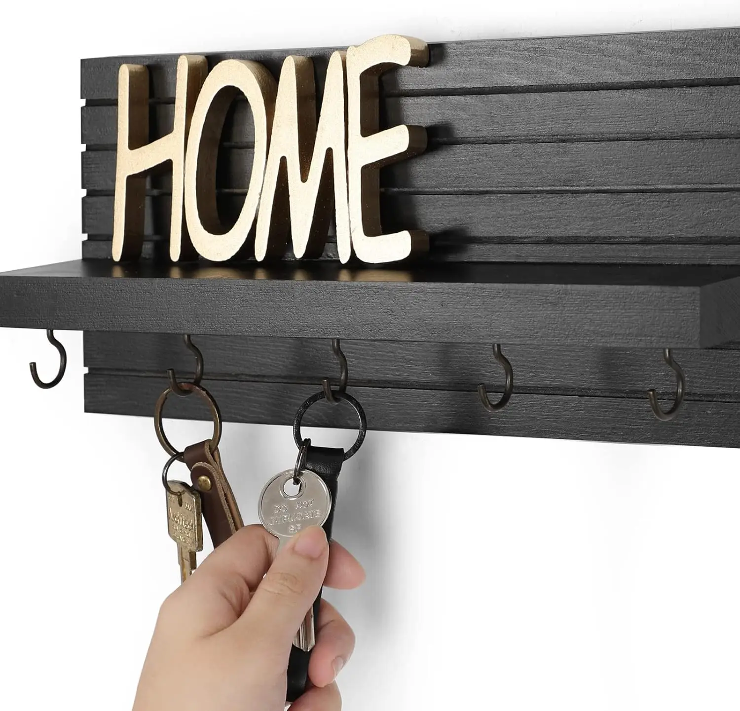 Home Decorative Black Wood Entryway Wall Hanger Shelf Rack Wooden Wall Key Holder with Hooks