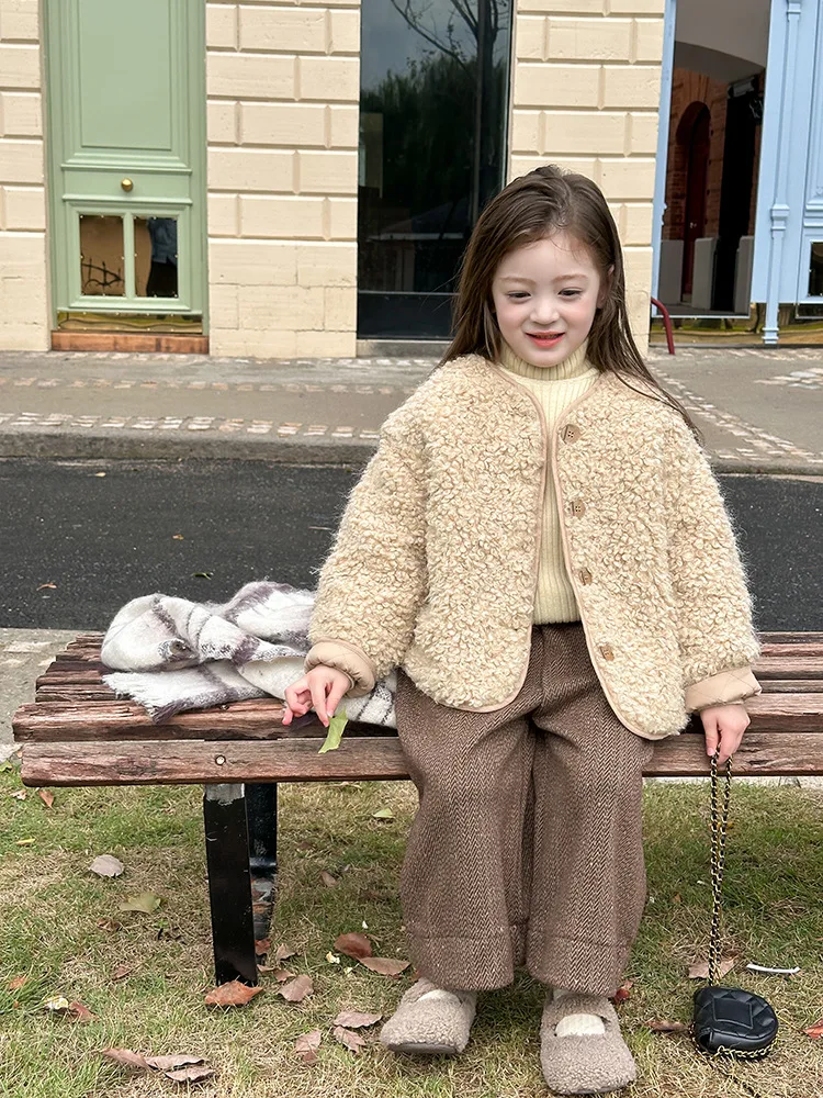617 new arrival solid khaki little baby girls fur jacket warm coat for winter clothing