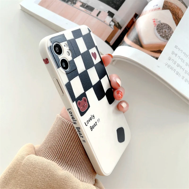 Wholesale Cartoon Lattice Bear Cute Cases For iphone 6 7 8 plus XS XR 11 12 13 MINI PRO Max Soft TPU Fully Cover Silicone Case