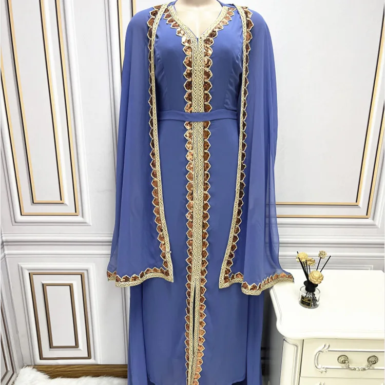 2024 Sequins Arabic Dresses Luxury Abaya Dubai Gown Cape Robes Kaftan Modest Muslim Evening Dresses With Long Sleeves