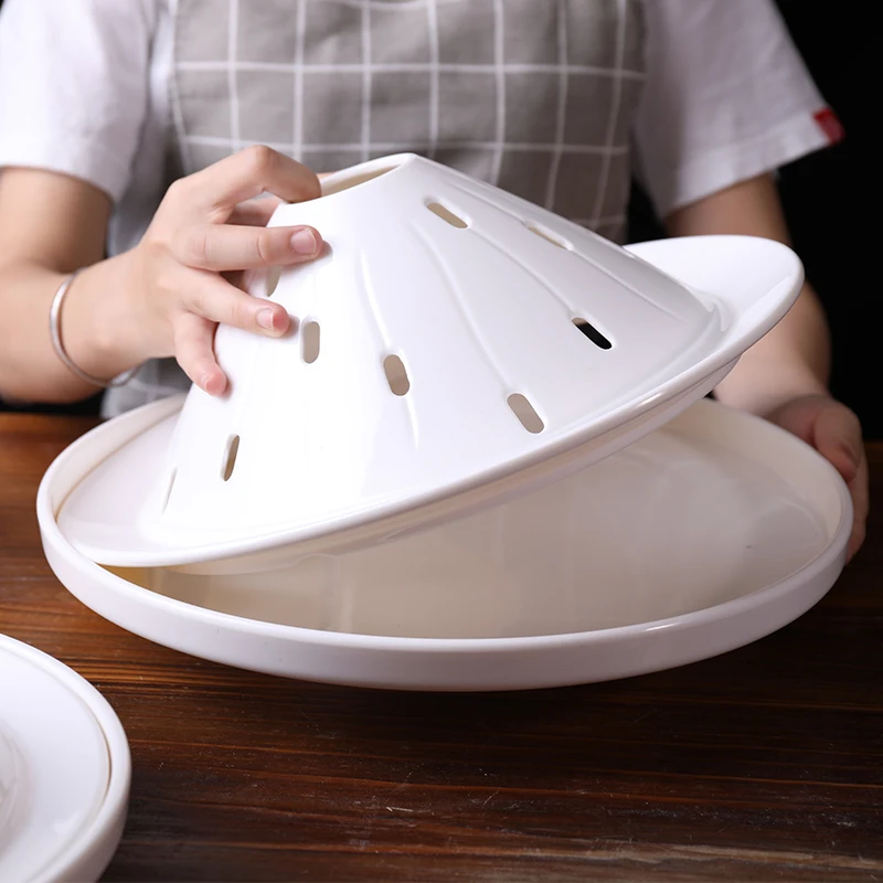 
Multiple size custom white round dry ice plate design restaurant hotel sushi sashimi melamine tray 