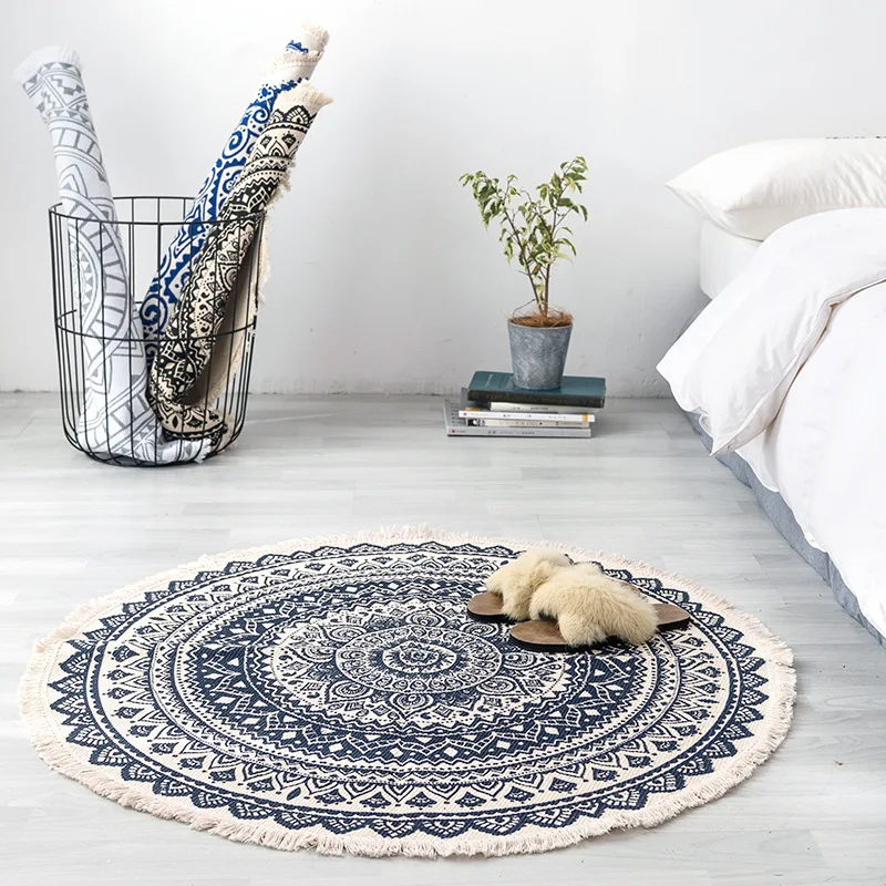 
Round home floor mats, retro woven cotton and linen floor mats comfortable round carpet 