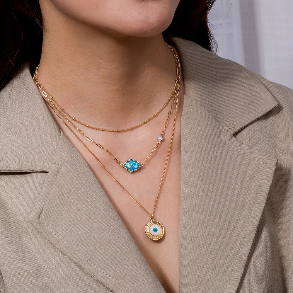 
New Arrival Gold Evil Eye Necklace Opal Hamsa Hand Pendant Multilayer Necklace for Women Jewelry 