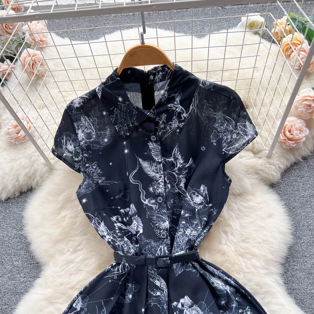 Customized summer new fashion short-sleeved  print medium-length large swing style dress black white sleeveless dress