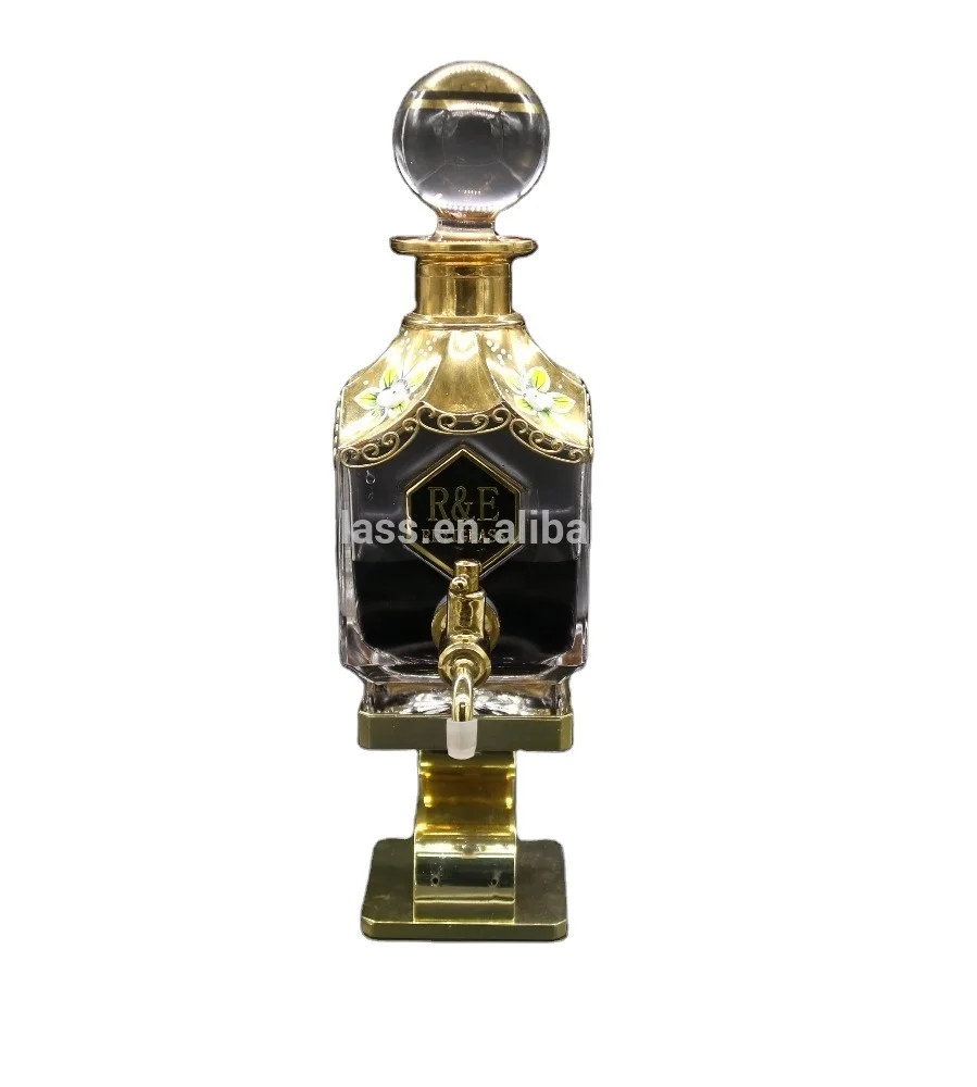 450ml dubai oudh oil perfume decanter golden hand painting glass display with tap