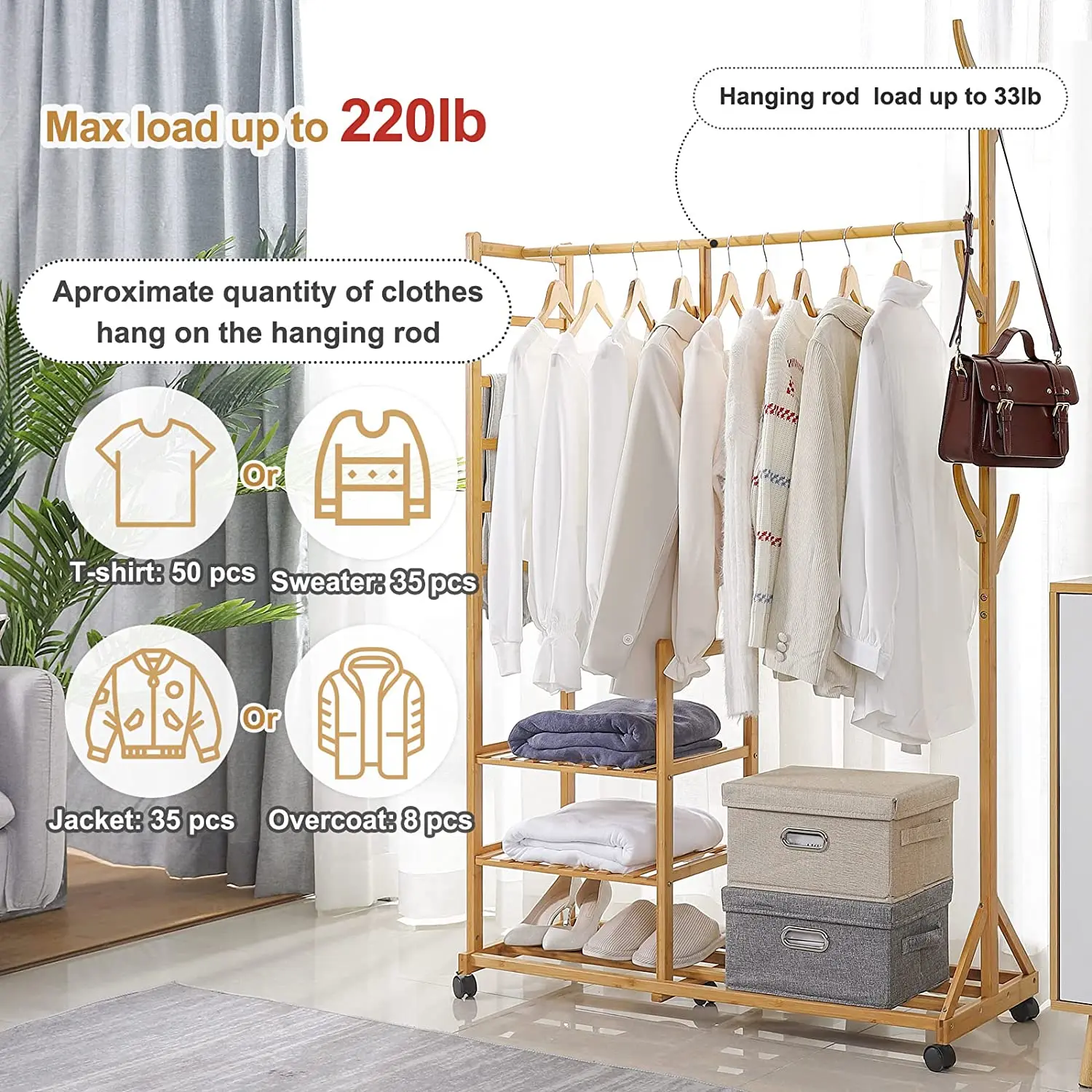Bamboo Strong Load Up Hat Tree Hanger 3 Layers Wardrobe Storage Shelves with Wheels Movable Clothing Storage Shelves Organizer