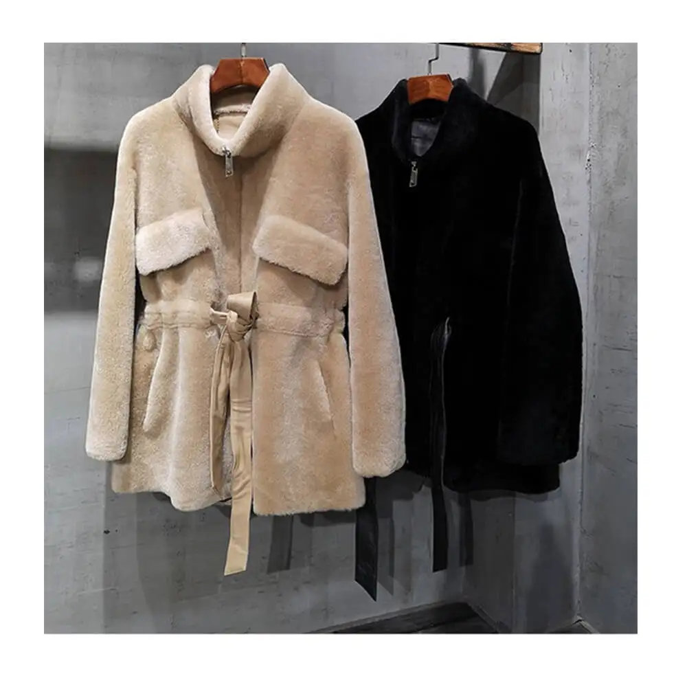 Womens Winter Warm Tweed Leather Jacket Ladies Fashion Oversized Sheep Fur Overcoat Real Woolen Long Coat