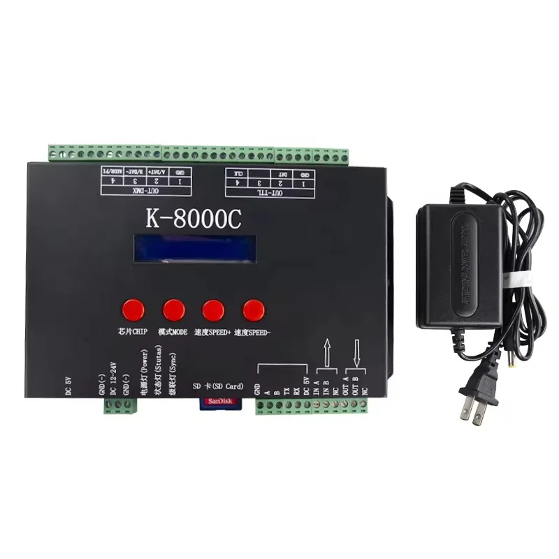 K-8000C SD-карта 8 портов максимум 8192 пикселей SPI-сигнал выход RGB RGBW программируемый WS2811 WS2812 WS2815 DMX512LED контроллер