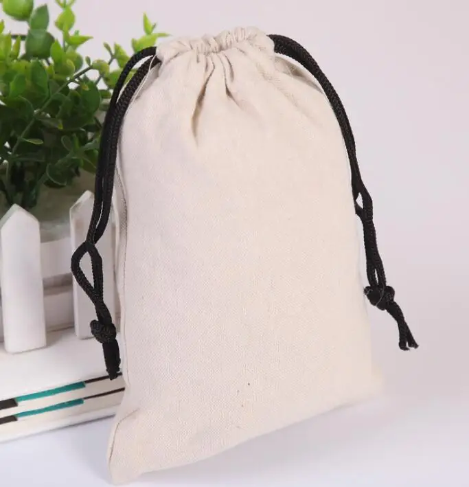 
black color cotton muslin drawstring bag with white logo 