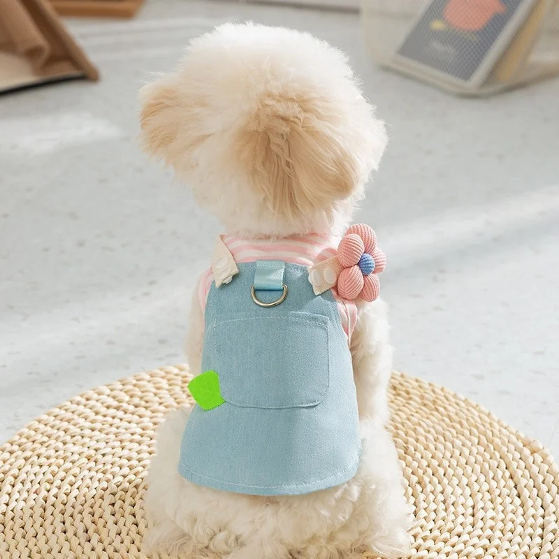 Summer denim striped splicing pet sundress can pull breathable comfortable small dog clothing flower cute dog dress