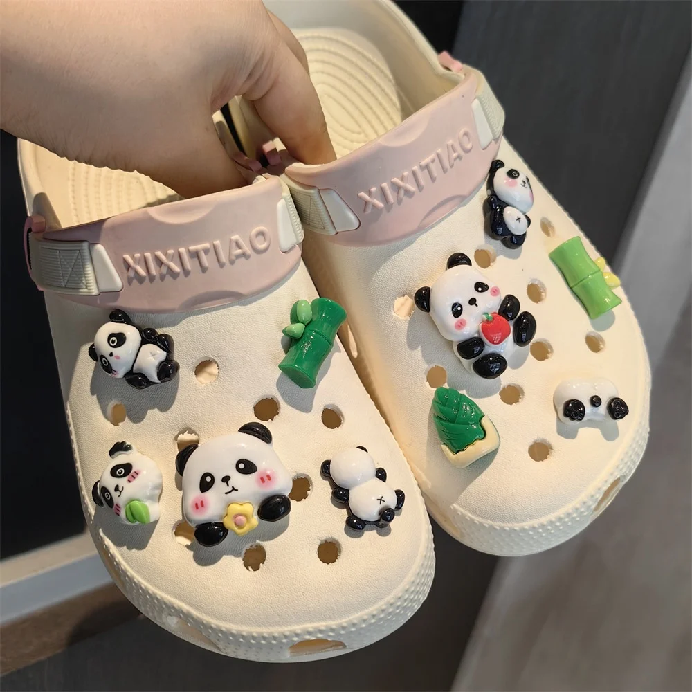 New plush Panda clogs Shoe charms set diy bamboo detachable shoe buckle  slippers accessories