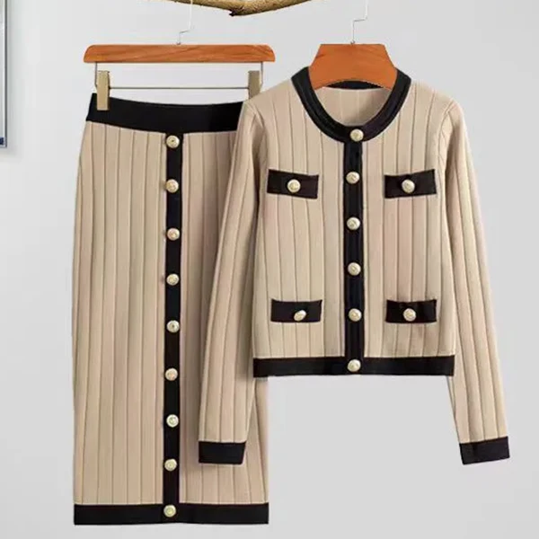 Autumn solid color knitted sexy dress suit fashionable cardigan suit knitted cardigan with skirt two-piece set for women
