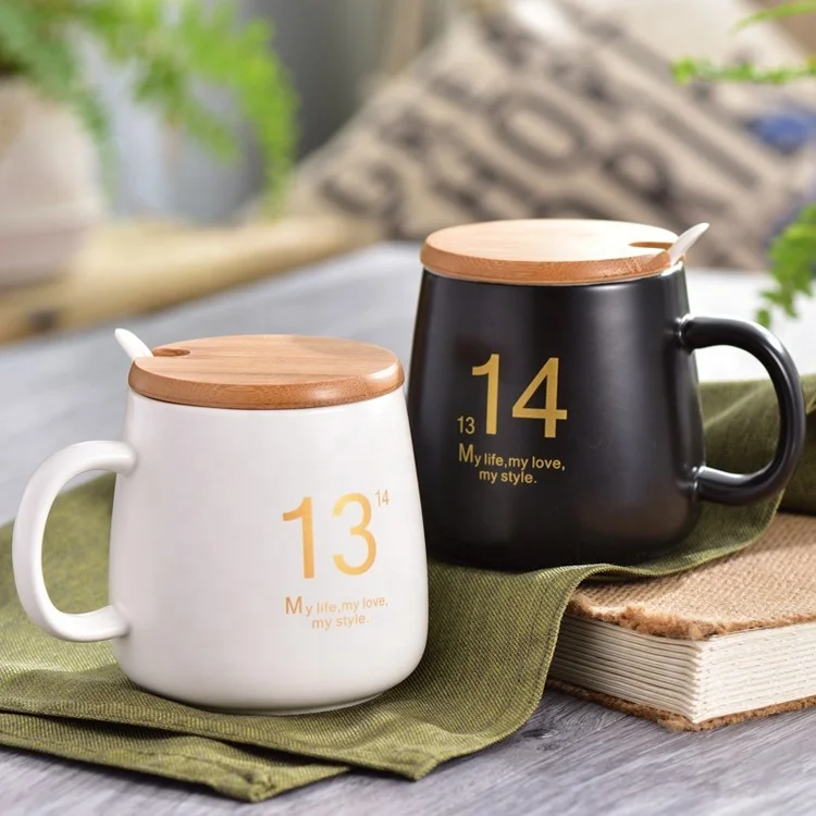 Ceramic black coffee cup porcelain coffee mug with lid and spoon for Valentine gift