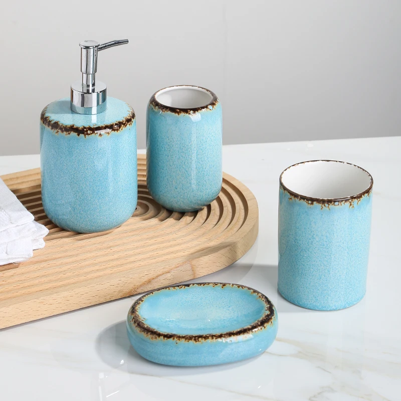 Customized Blue Glazed Hotel Shower Used Hand Soap Dispenser Ceramic Bathroom Set Bathroom Products Accessories Set
