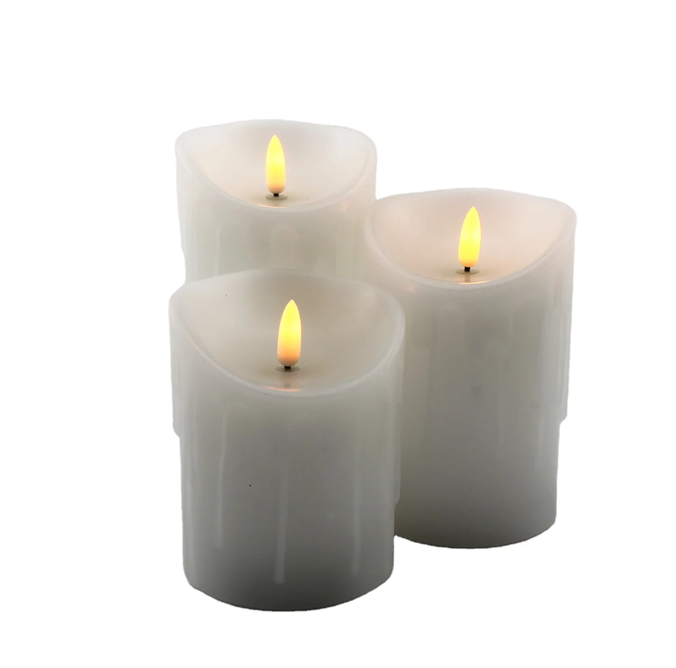 Wholesale ivory real wax battery  3d flame pillar for wedding