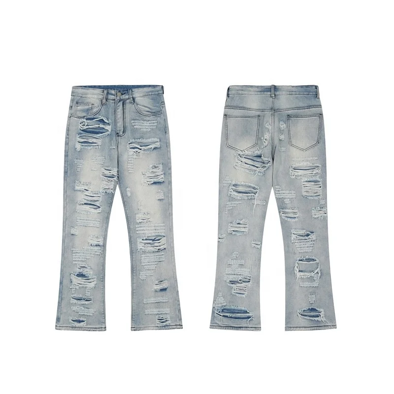 High Quality Popular Design Washed Denim Ripped Selvedge Vintage Mens Flare Jeans