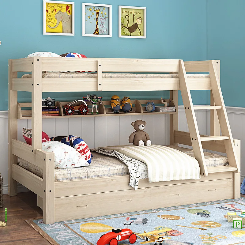 Modern Simple Solid Wood Twin Over Full Pink Bunk Beds with Storage Drawers Loft Bed Ladder