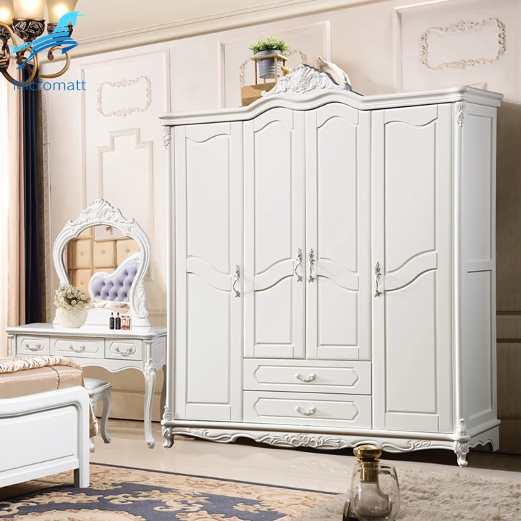 Wholesale French Style Storable Ivory White Color Bedroom Furniture Solid Wood Four door Wardrobe Cabinet