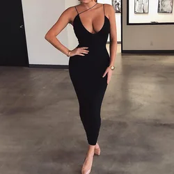Women V-neck Halter Strap Long Dress Solid Color Tight Girl Night Dress