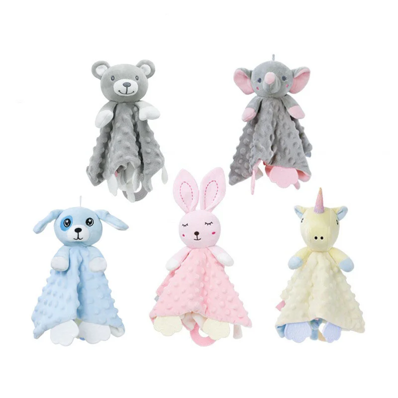 Hot Sale Cute Organic Cotton Soft Plush Soothing Blanket Toy Chew Silicone Teether Custom Wholesale Price Kid Baby Soothing Toys