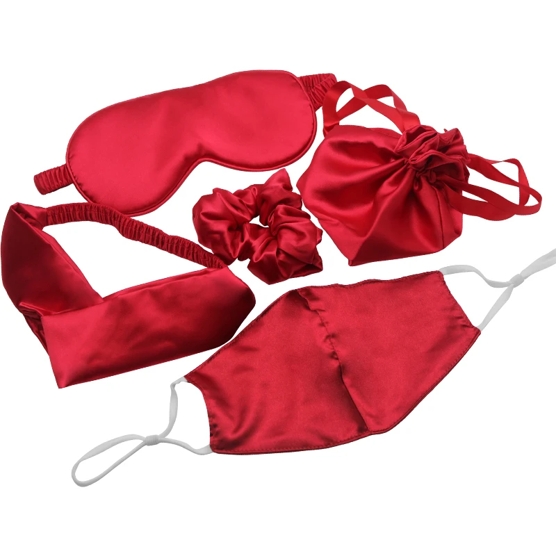 Wedding Souvenir Travel Silk Satin Night Sleep Eye Mask Set With Head Band Gift Bag and Hair Scrunchies