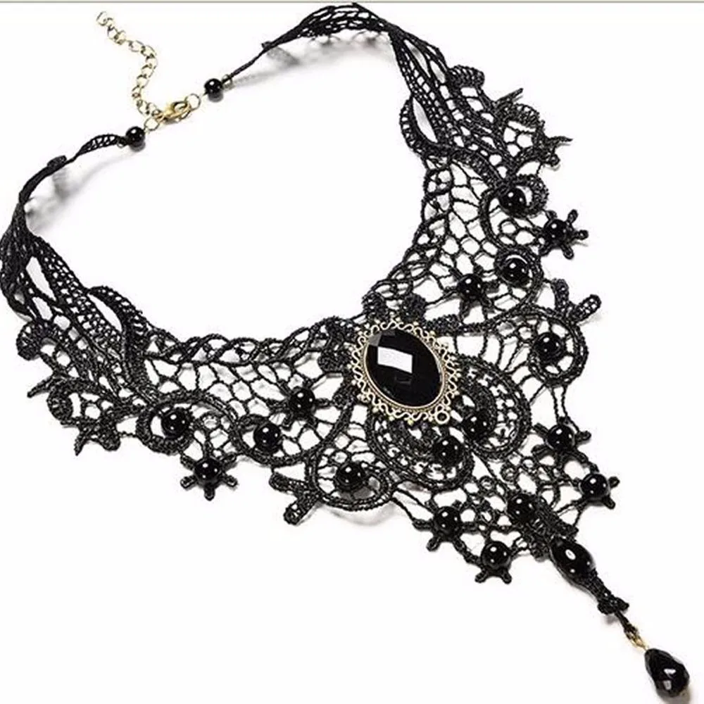 2019 wholesale 1PC Women Black Lace & Beads Choker Victorian Steampunk Style Gothic Collar Necklace Gift for Women