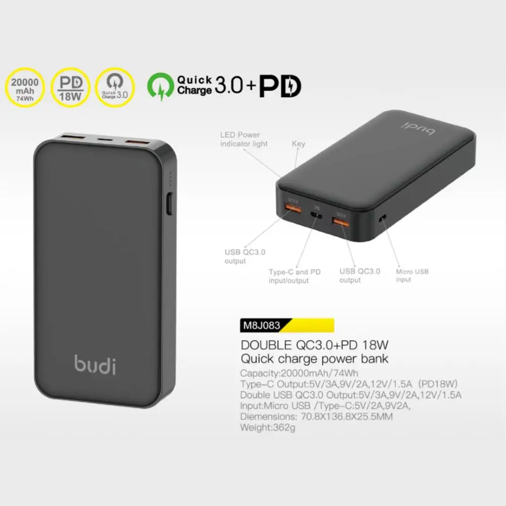 
budi/OEM High Capacity 20000mAh Quick Charging Power Bank Portable Battery Bank 20,000 mah with Three Outputs Power Bank 