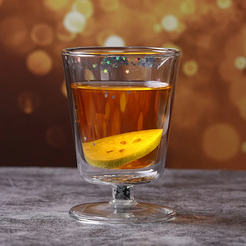 Handmade lovely cute double layer glass water coffee milk cup Borosilicate Insulated Stars Sequin Juice mugs for girl use