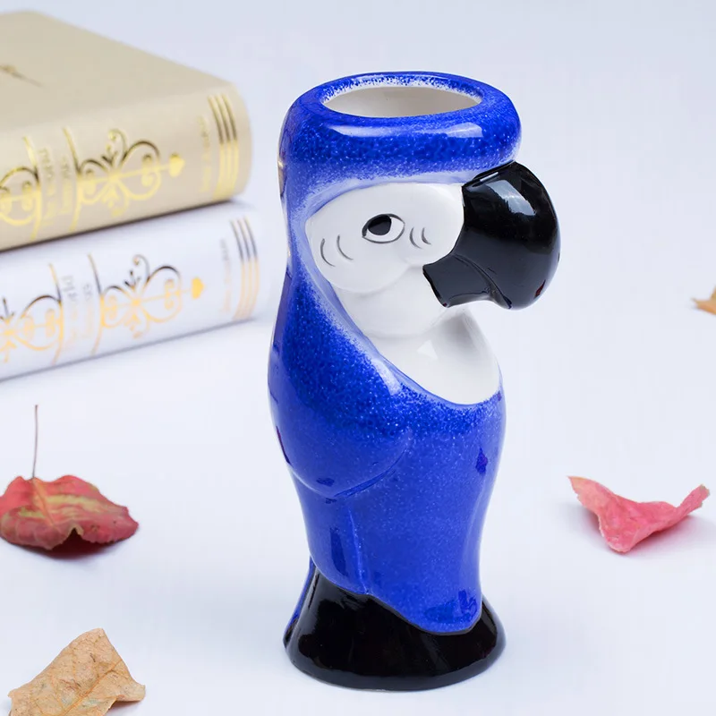 bar party OEM design relief 3D embossed customized statue cup porcelain mugs blue animal parrot shape ceramic bird tiki  mug