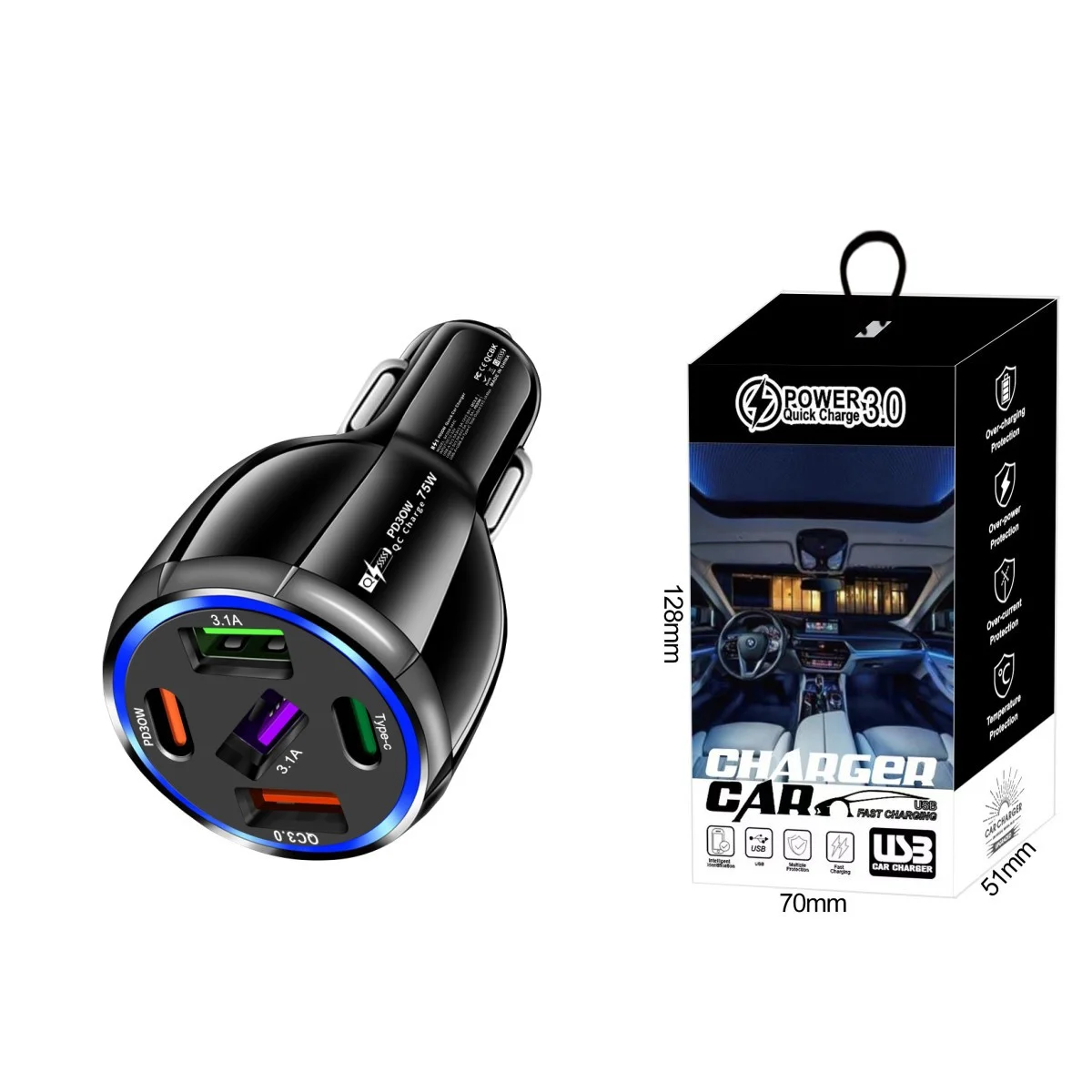 2023 New Design Dual Line 3 USB QC3.0+2 Type C PD30W Car Charger Power 75W Digital Product Charger for iPhone 14 ProMax Samsung