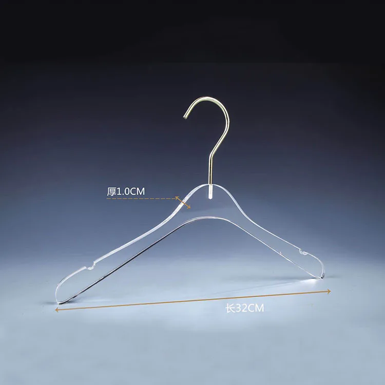 Clear Acrylic Clothes Hanger with Gold Hook Transparent Shirts Dress Hanger with Notches for Lady Kids