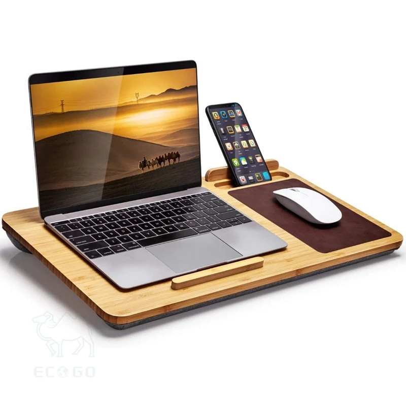 Bamboo laptop desk portable laptop stand with built in brown mouse pad and anti-slip bar
