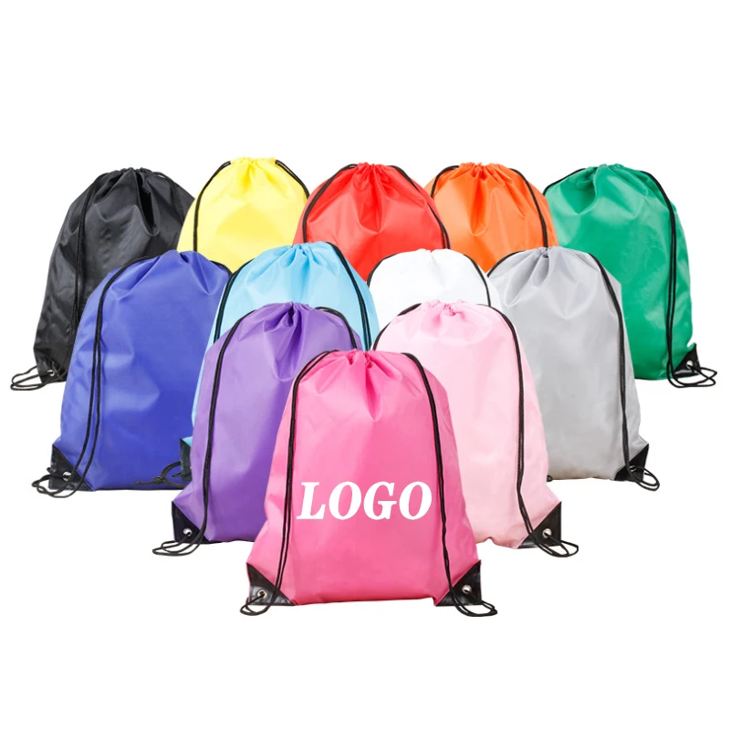 Multi color Advertising 210d Portable Reusable outdoor Recycle Plain sport Polyester Drawstring Backpack bag custom logo