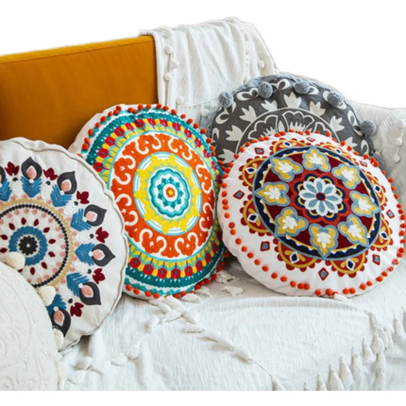 Bohemian Round Cushion Cover with Embroidery Ethnic Throw Pillow Cover for Sofa Couch Chair