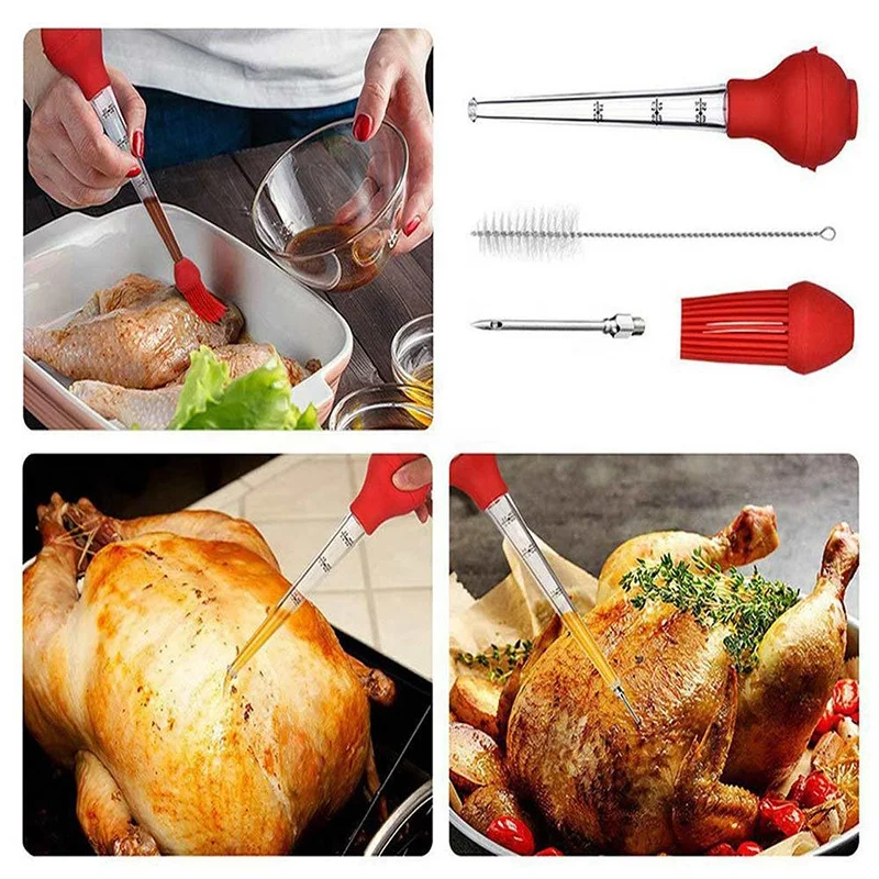 Multifunctional 4 in 1 set BBQ Barbecue marinade injector needles Cleaning Brush silicone long pump turkey baster with brush