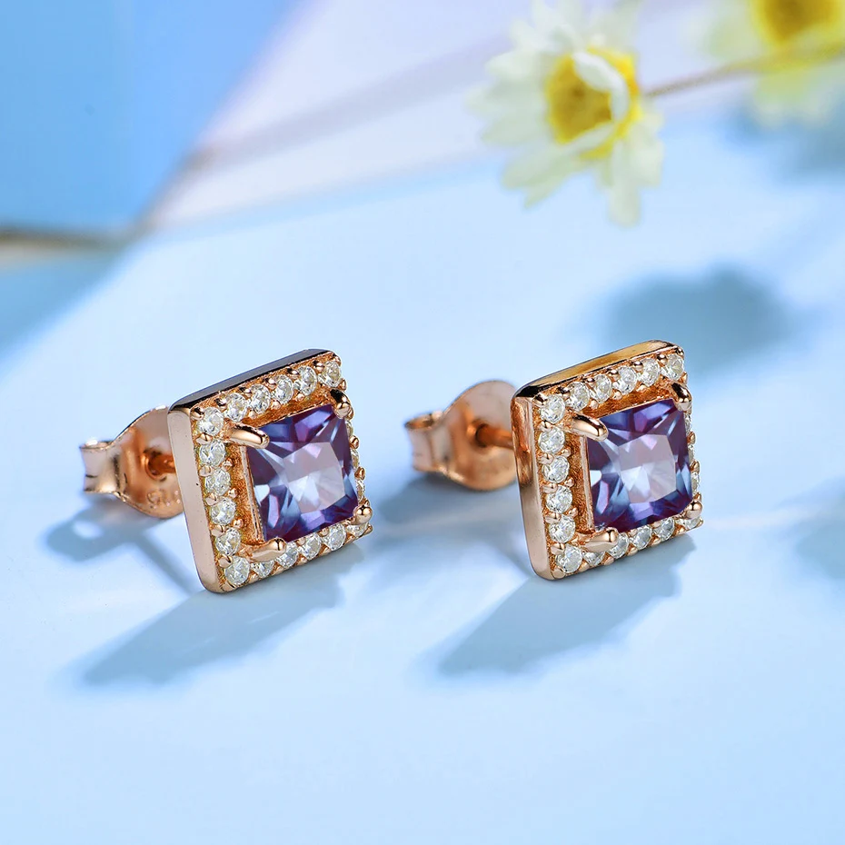 
585 rose gold lab grow Alexandrite Gemstone Stud Earrings for Women Solid 925 Sterling Silver color change Topaz Amethyst 