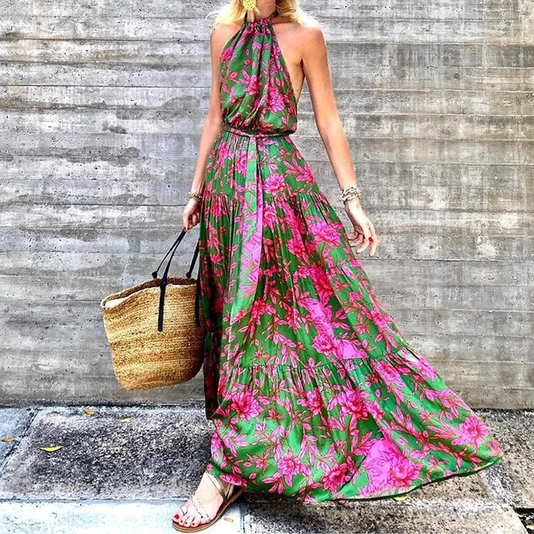 Wholesale New Style Elegant Floral Printing Chiffon Maxi Bohemia Dress Women Halter Sleeveless Long A-line Dress