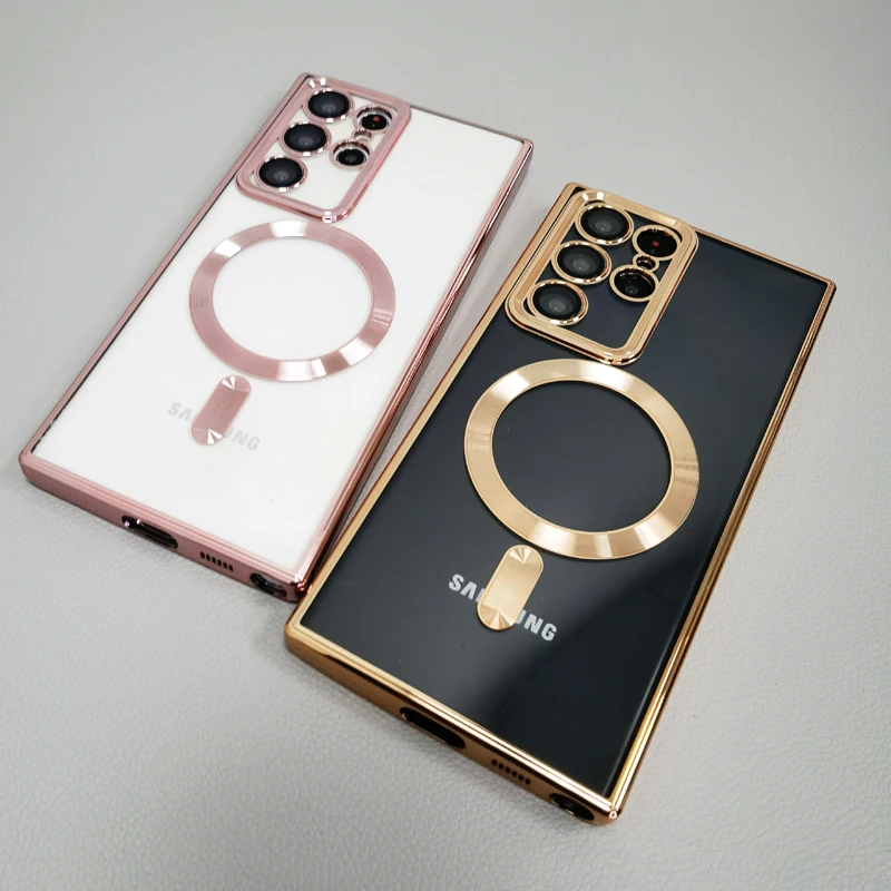 Luxury Transparent Plating Magnetic Case for Samsung Galaxy S21 S22 S23 Ultra Plus Wireless Charger Silicone Clear Cover Cases