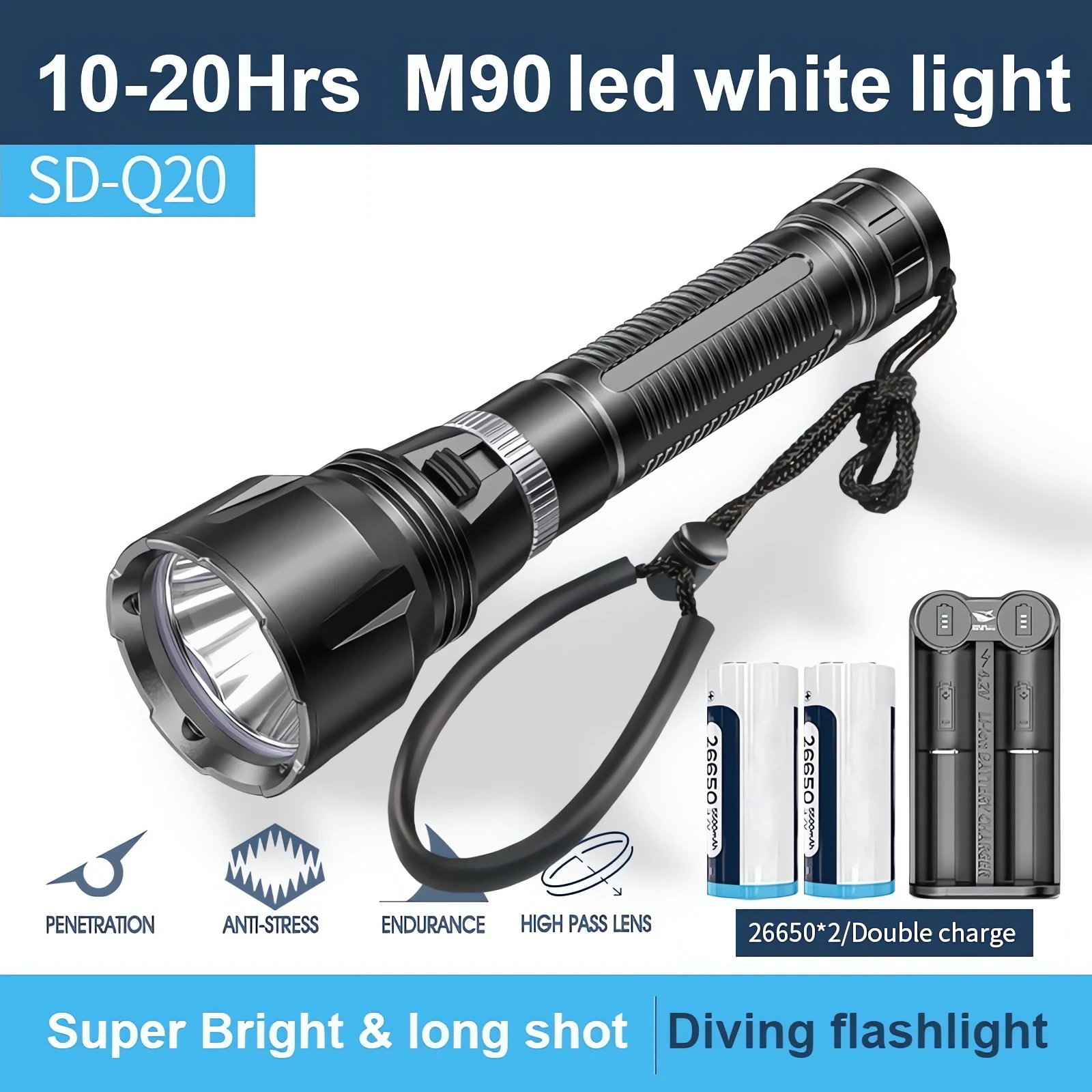 Professional 2000LM Aluminum Waterproof lantern Lights Portable Ultra Bright LED Submarine Light Underwater Diving Flashlight